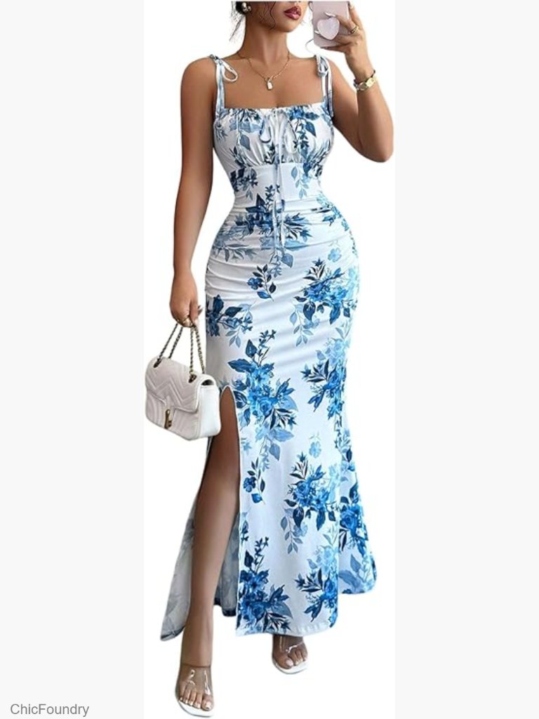 Women's Summer Floral Cami Maxi Dress Tie Shoulder Vacation Split Bodice Fit &